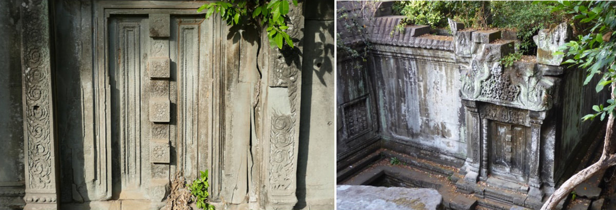 Beng Mealea Tempel: Scheintüren aus Sandstein (Foto rechts: Vanessa Jones)