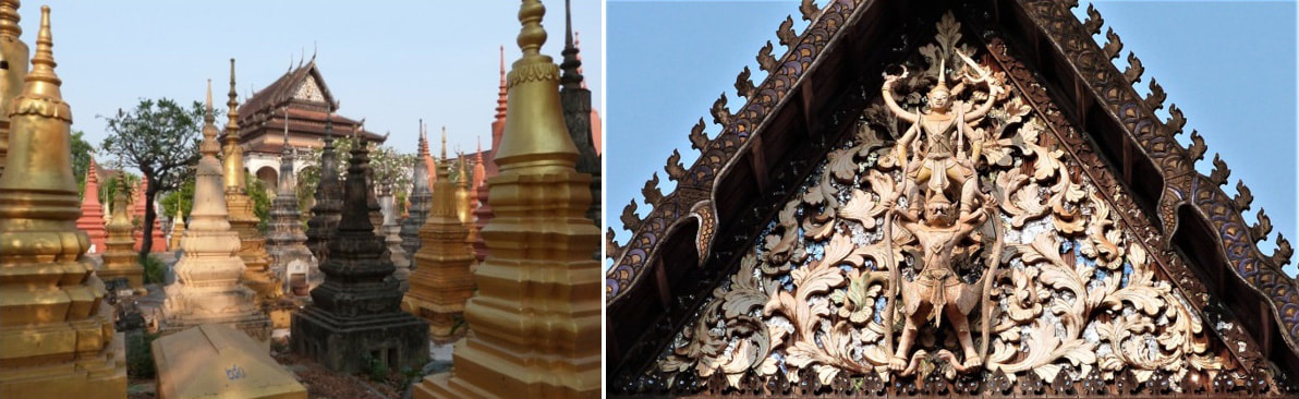 Wat Bo: Stupas auf Friedhof und West-Giebel vom alten Tempel: Vishnu auf Garuda