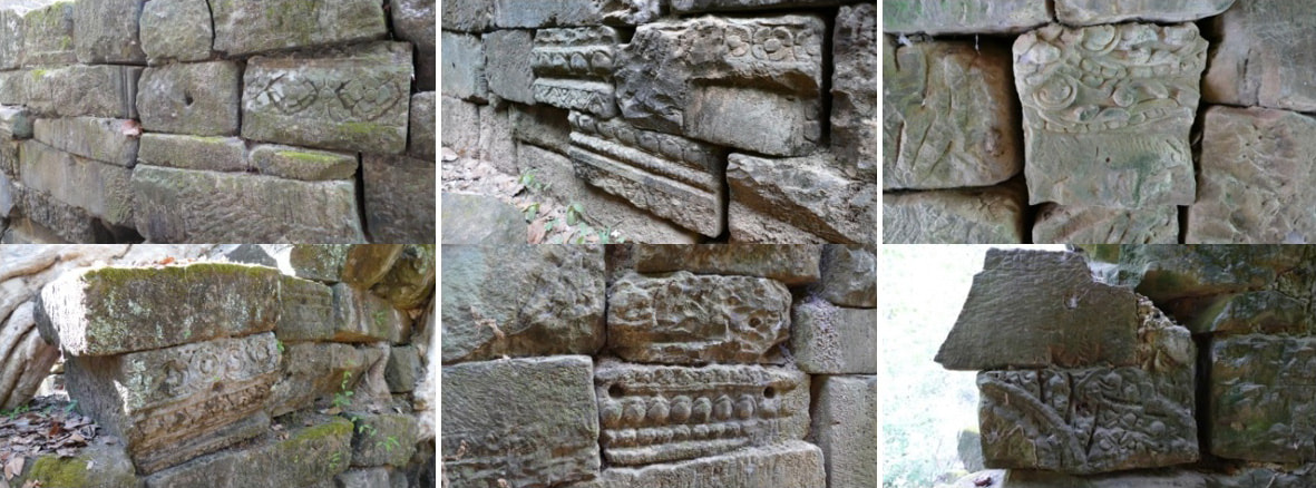 für den Brückenbau von Spean Thma wiederverwendete Steine aus Tempeln