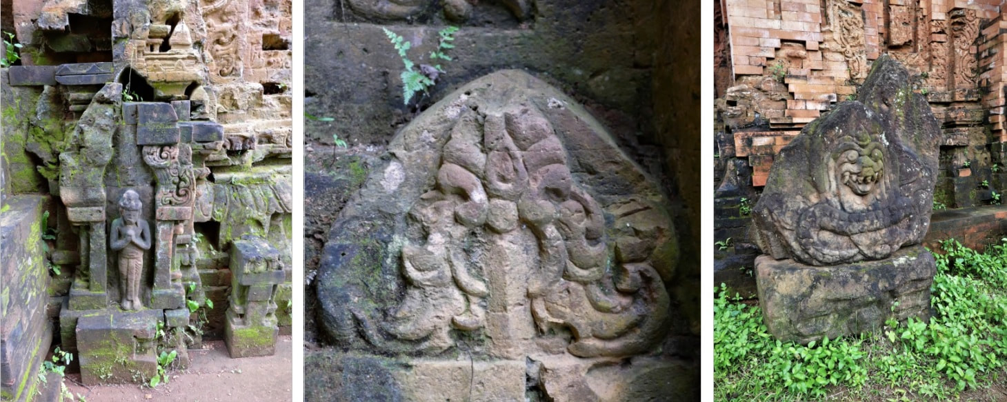 Südlicher Turm – zwei Ziegelreliefs (Worshipper & Kala) und ein Sandsteinrelief (Naga)