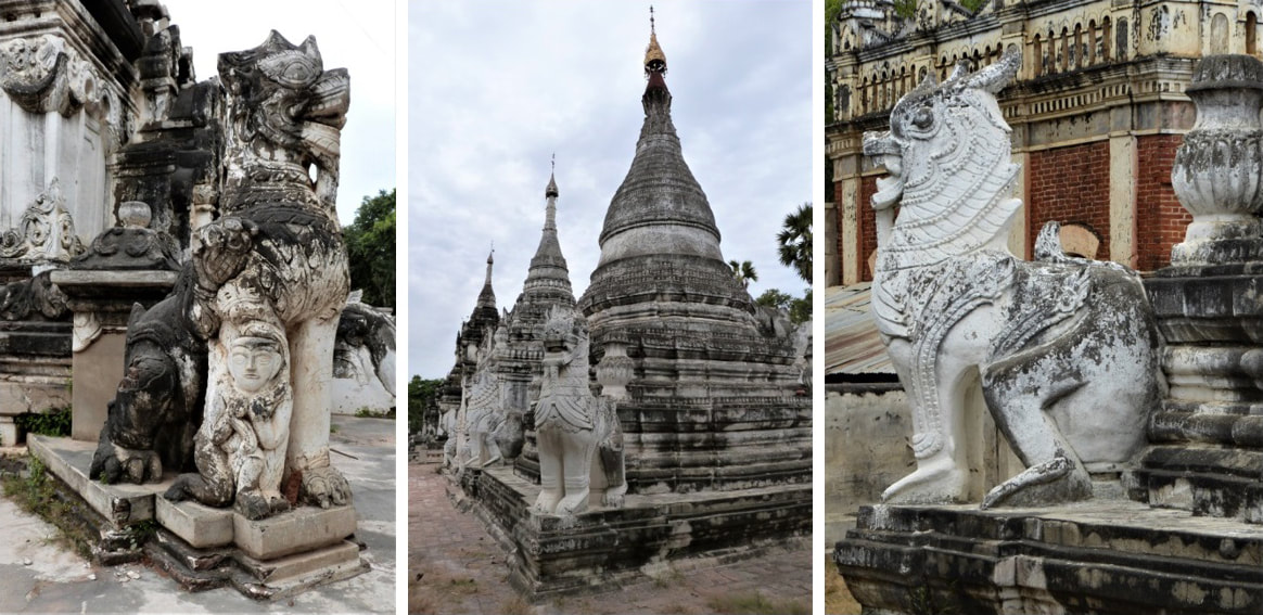 Bild 15, 16 & 17: Thiri Muni Pagoda – Löwen am Tempel und am Stupa 