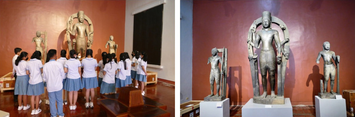 Schulunterricht im National Museum Phnom Penh & Statuengruppe aus dem Phnom Da Tempel