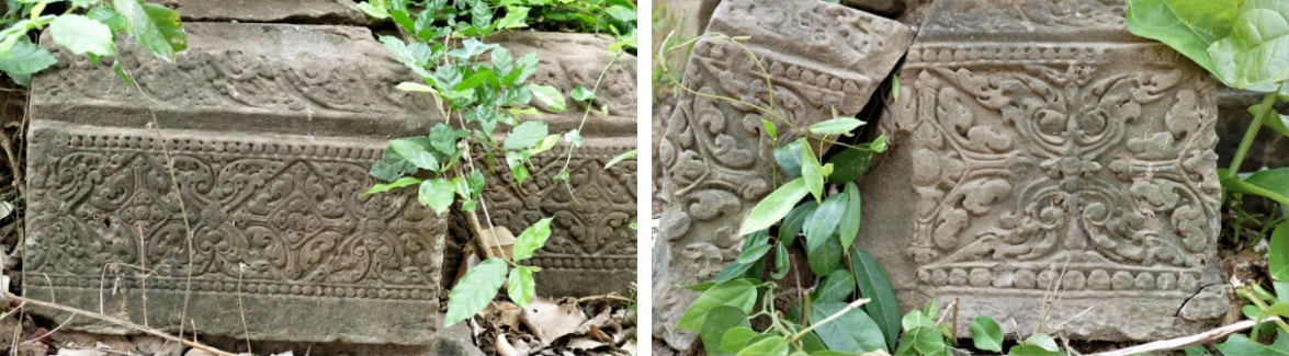 Bild 18 & 19: Prasat Kok Ta Veang, gemusterte Sandstein-Bauteile