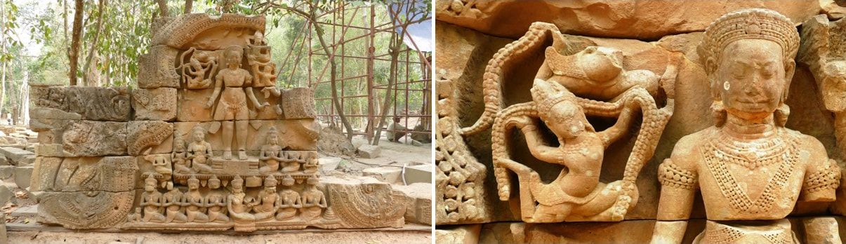 Bild 9 & 10: Ta Prohm Tempel (Angkor) – Tympanum mit Vidyadharis 