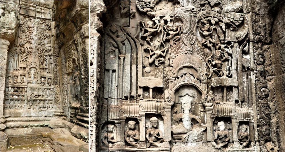 Bild 11 & 12: Ta Prohm Tempel (Angkor) – Reliefwand mit Vidyadharis 