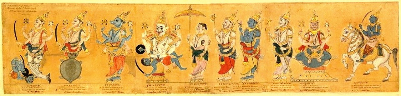 IV.11 Die zehn Avatare Vishnus (Dashavatara) – indische Zeichnung aus dem 19. Jahrhundert 