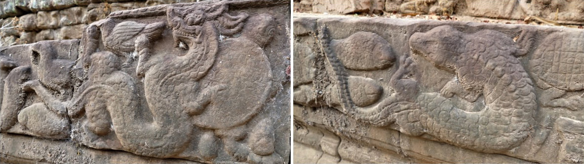 Bild 1 & 2: Angkor Thom: Königspalastgelände, Männerbad, unteres Reliefregister