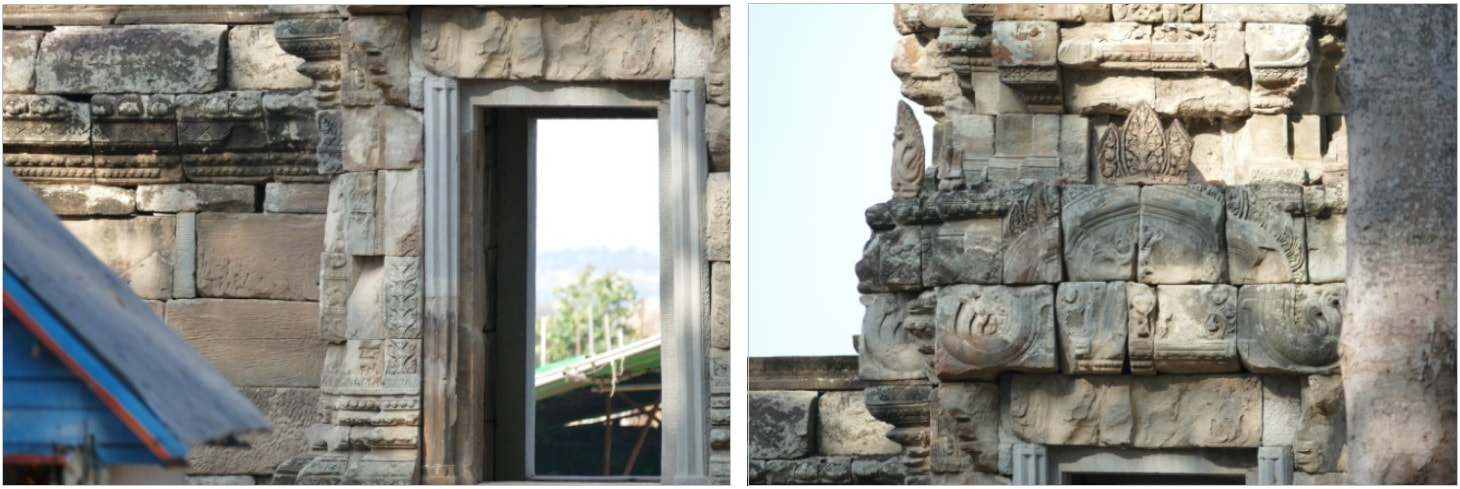 West Mebon Tempel: Detailaufnahmen vom Mittelturm (Ostseite), Reliefs und Tympanum